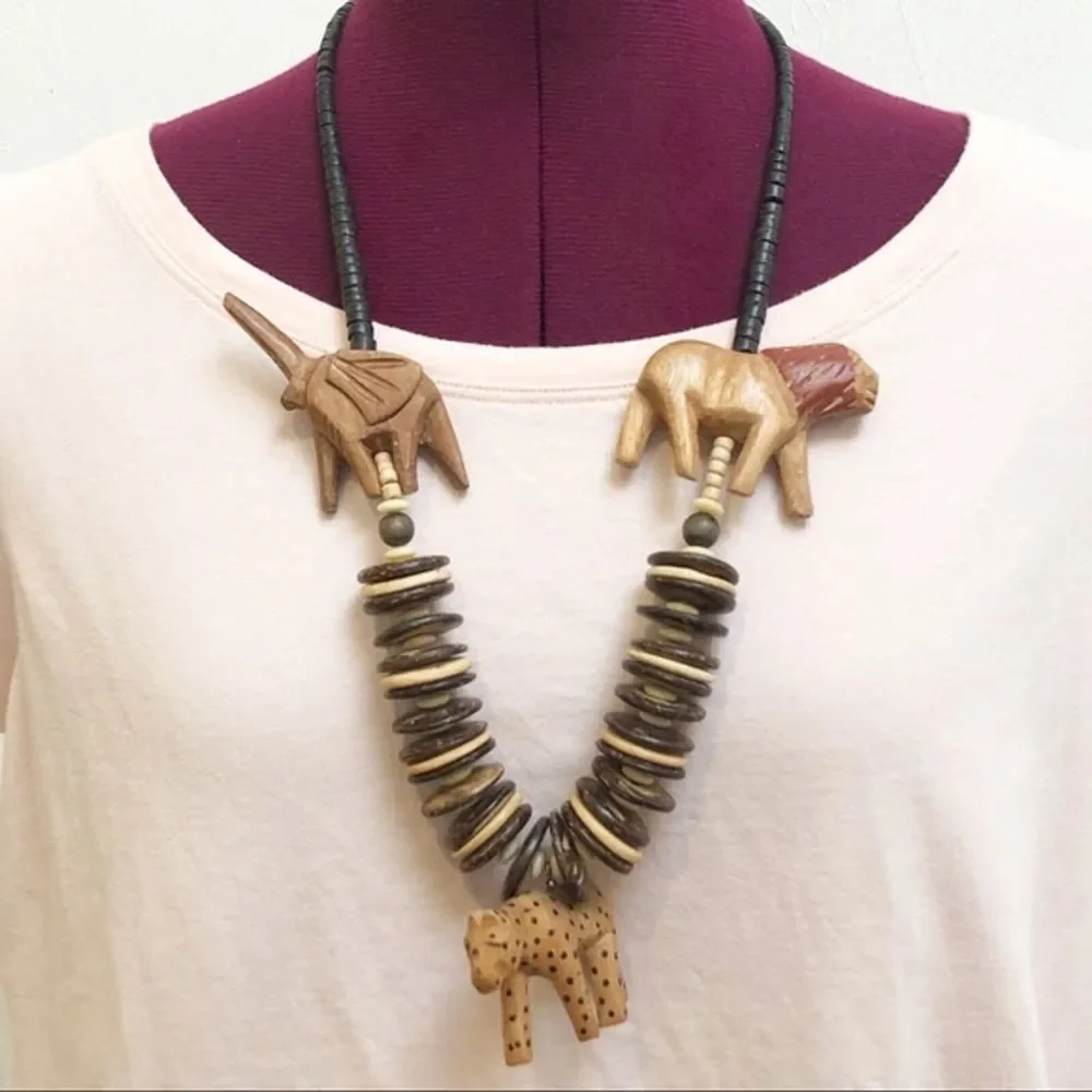 Vintage African Animals Safari Wood Wooden Statement‎ Bohemian Necklace